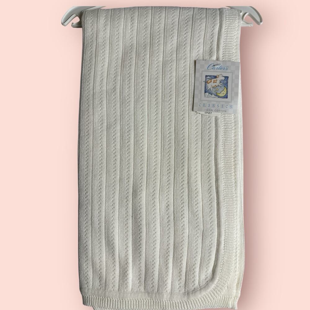 Vtg Carter's Classics Waffle Knit White Receiving Baby Blanket NWT 90s Cow Moon
